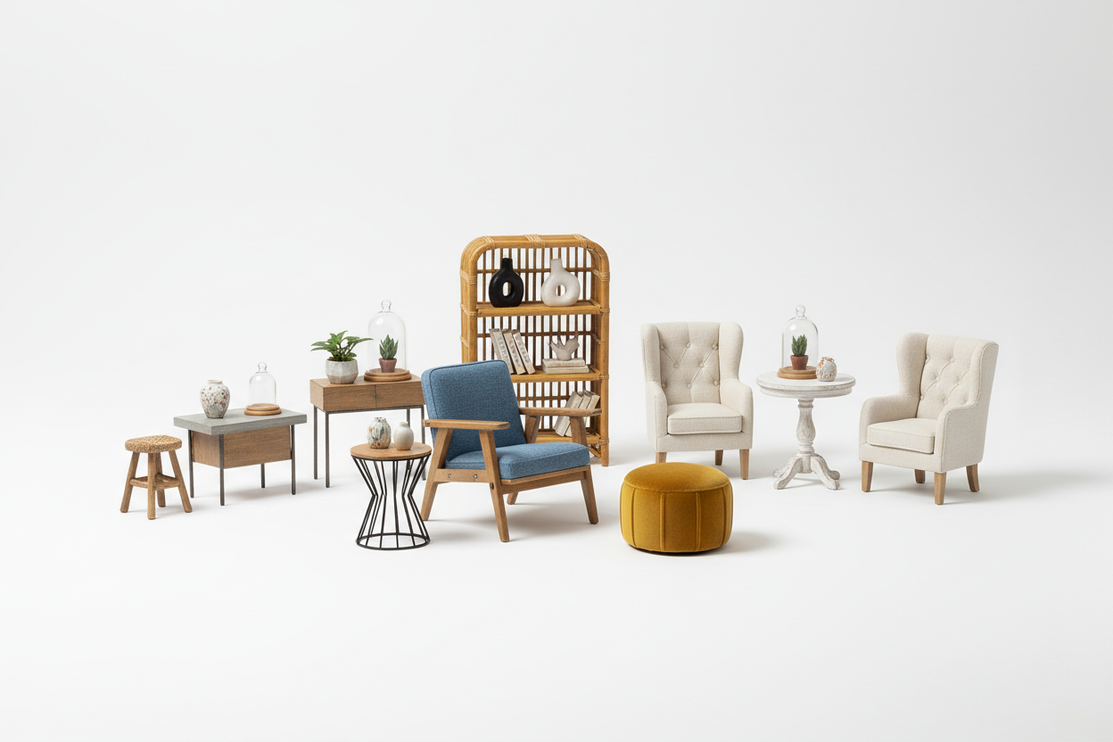 i want a white background picture with lots of small furniture